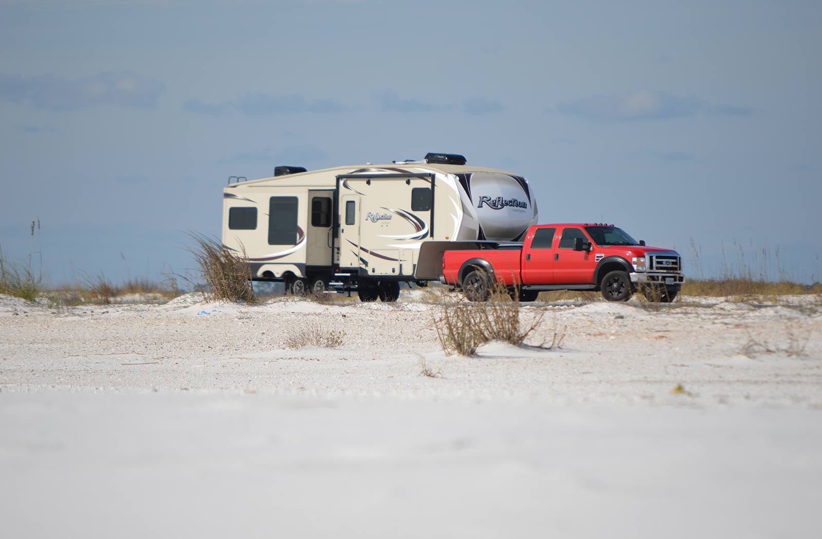 Real home sense truck and fifth wheel camper at beach