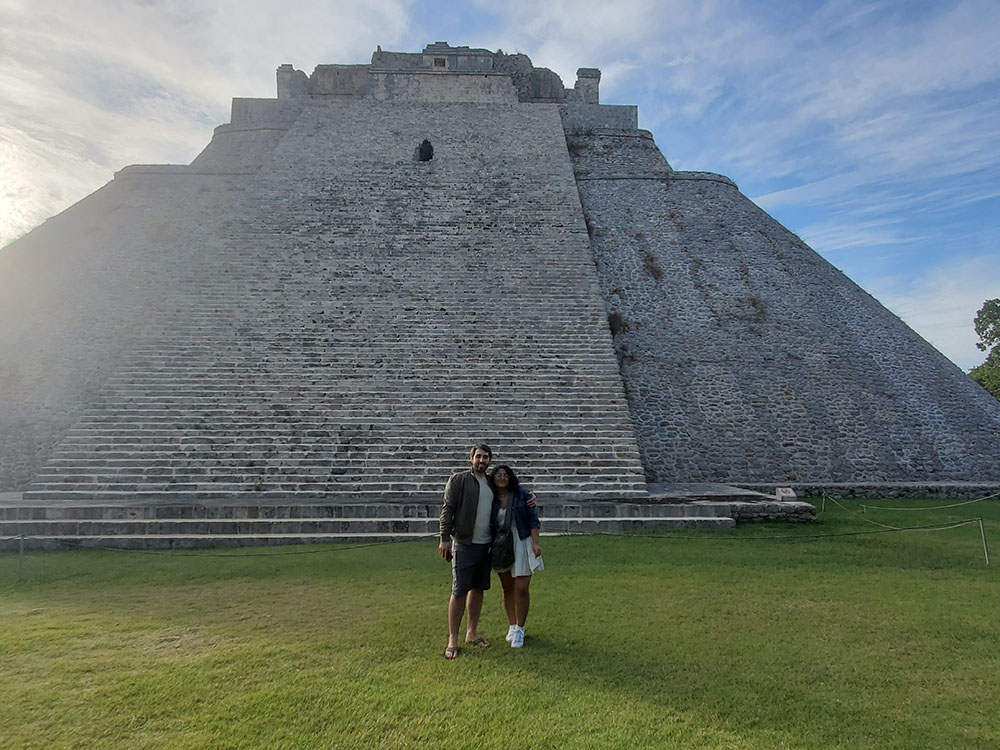 My son and girlfriend in front of the pyramid of the magician at uxmal