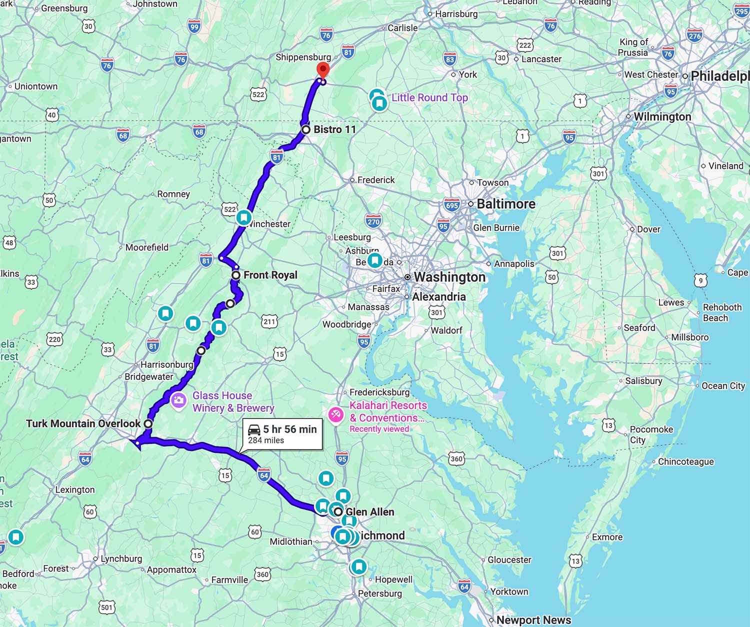 Day 1   shenandoah national park itinerary​ map