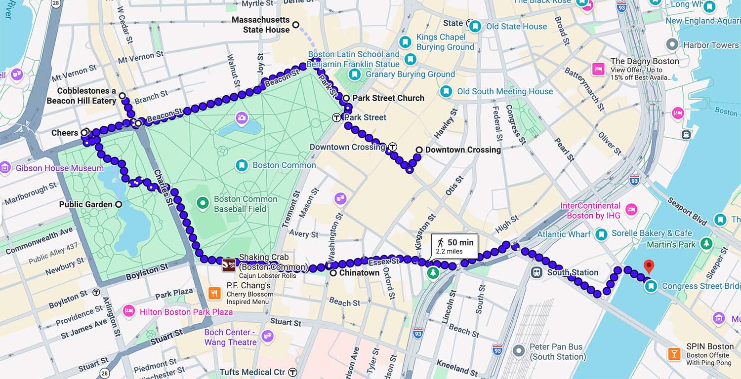 One day in boston itinerary map