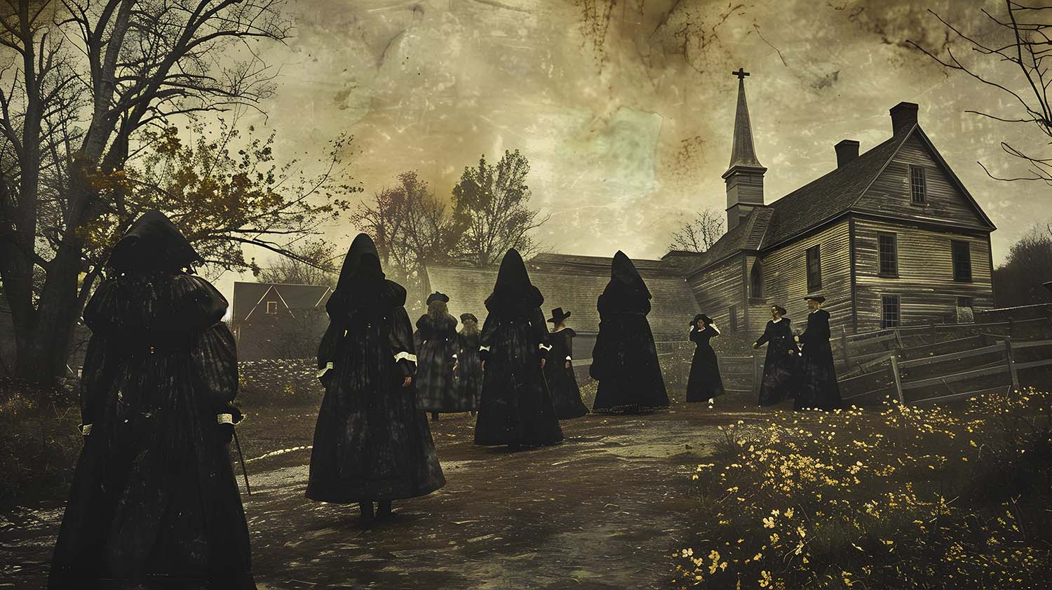 Historic style sepia photo of witches in front of an historic church in salem ma likely ai generated